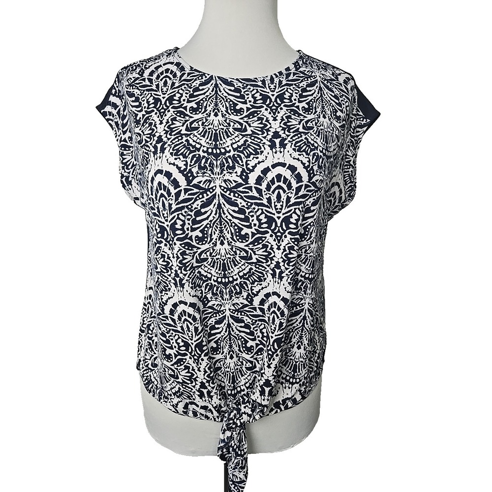 Investments Petites Blue Contrast Tie Front Sleeveless Top Size PM